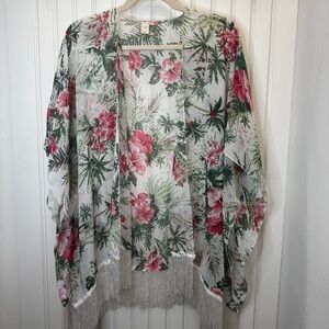 Hibiscus Floral & Fringe Sheer Bat Sleeve Cover One Size Beach Summer Garden